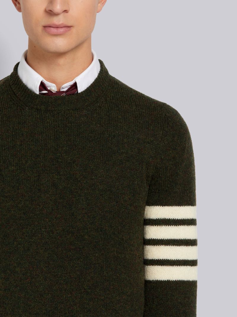 Dark Green Shetland Wool Jersey Stitch 4-Bar Stripe Classic Crew Neck Pullover