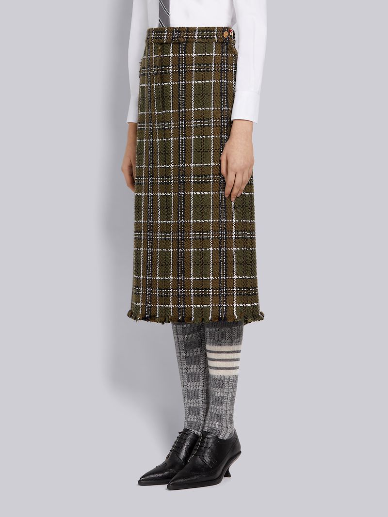 Dark Green Tartan Check Tweed Frayed Below-the-Knee Sack Skirt
