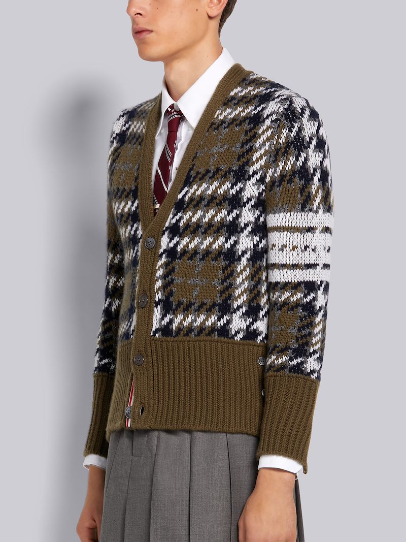 Dark Green Windowpane Check Jacquard Cashmere 4-Bar Stripe Classic V-Neck Cardigan