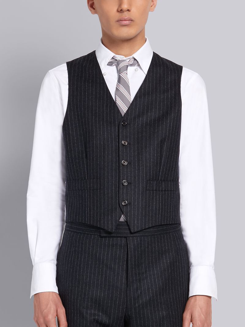 Dark Grey 120s Wool Flannel Narrow Chalk Stripe 5b Vest