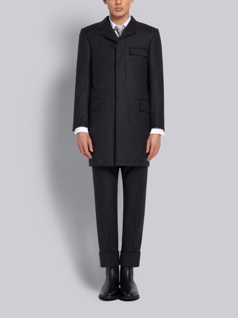 Dark Grey 120s Wool Flannel Narrow Chalk Stripe Classic Chesterfield Overcoat