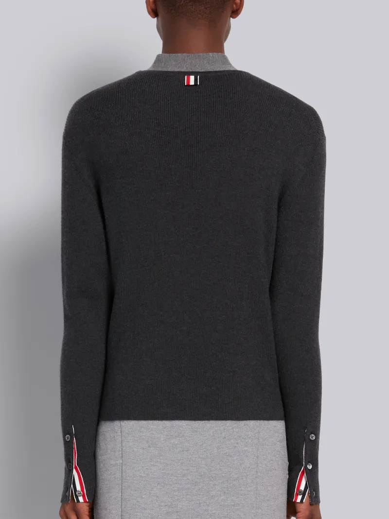 Dark Grey Cashmere Rib Neck Tie Crewneck Pullover