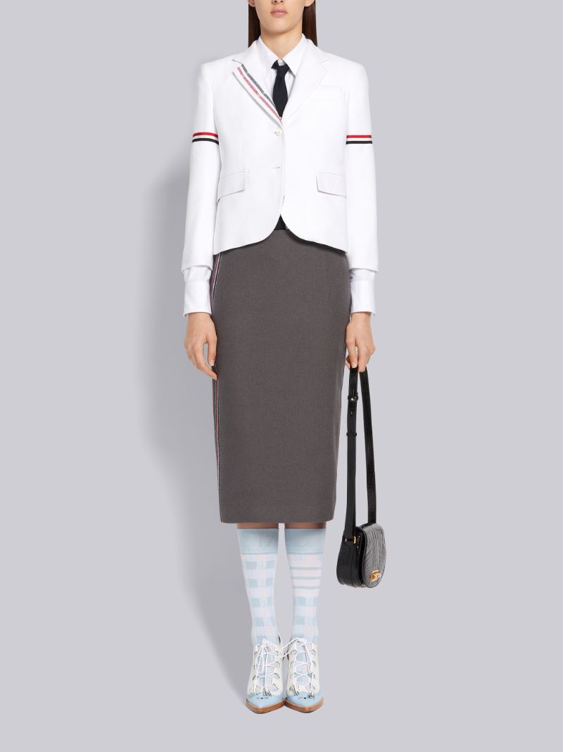 Dark Grey Cotton Boucle Suiting Side Engineered Stripe Knee Length Sheath Pencil Skirt