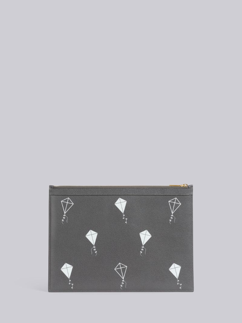 Dark Grey Pebble Grain Leather 3d Kite Half Drop Print Medium Zippered Document Holder