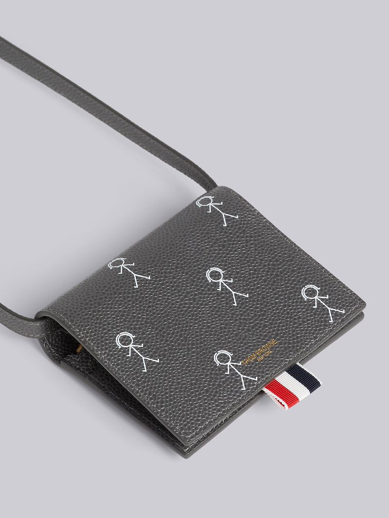 Dark Grey Pebble Grain Leather 3D Mrs. Thom Icon Print Bifold Cardholder With Shoulder Strap