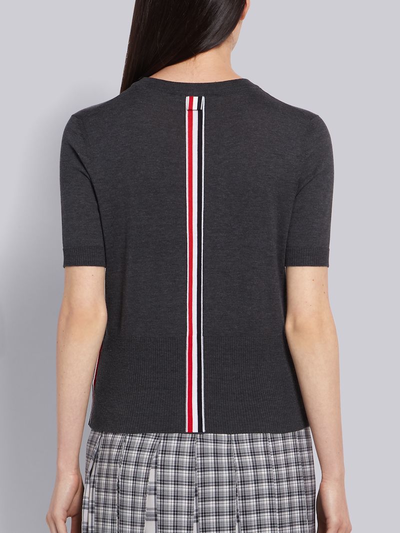Dark Grey Silk Cotton Blend Center Back RWB Intarsia Stripe Relaxed Tee