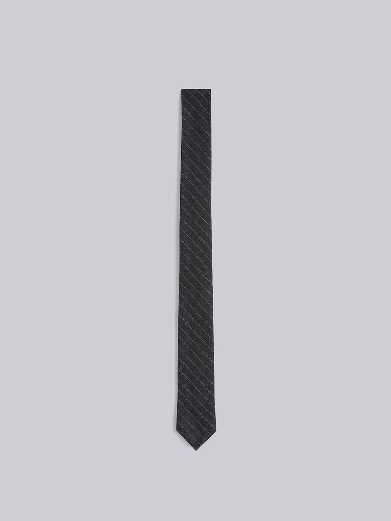 Dark Grey Super 120s Wool Flannel Narrow Chalk Stripe Tie