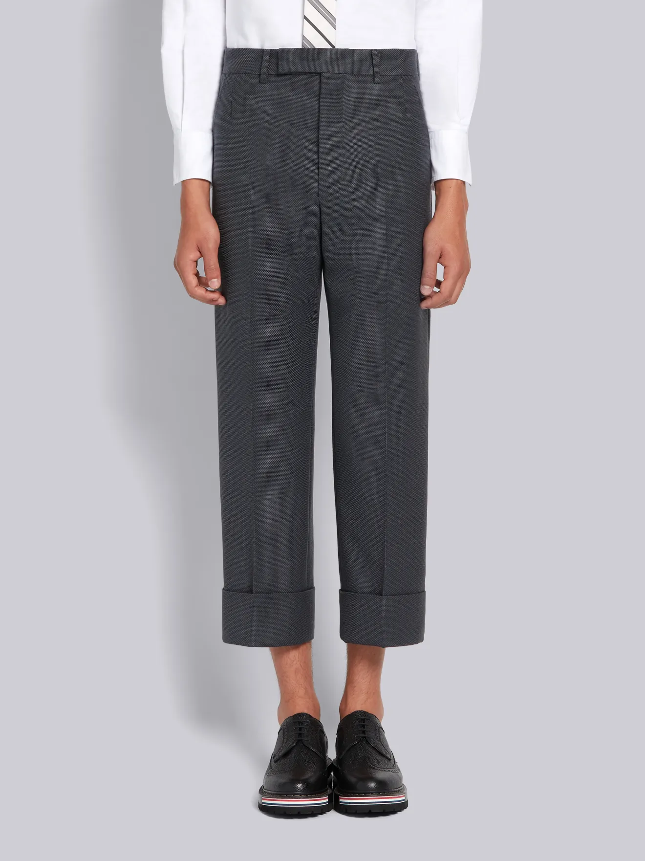 Dark Grey Wool Hopsack School Uniform Weave Beltloop Trouser | Thom Browne