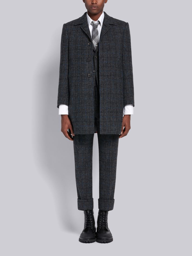 Dark Grey Wool Tattersall Check Classic Bal Collar Overcoat | Thom Browne