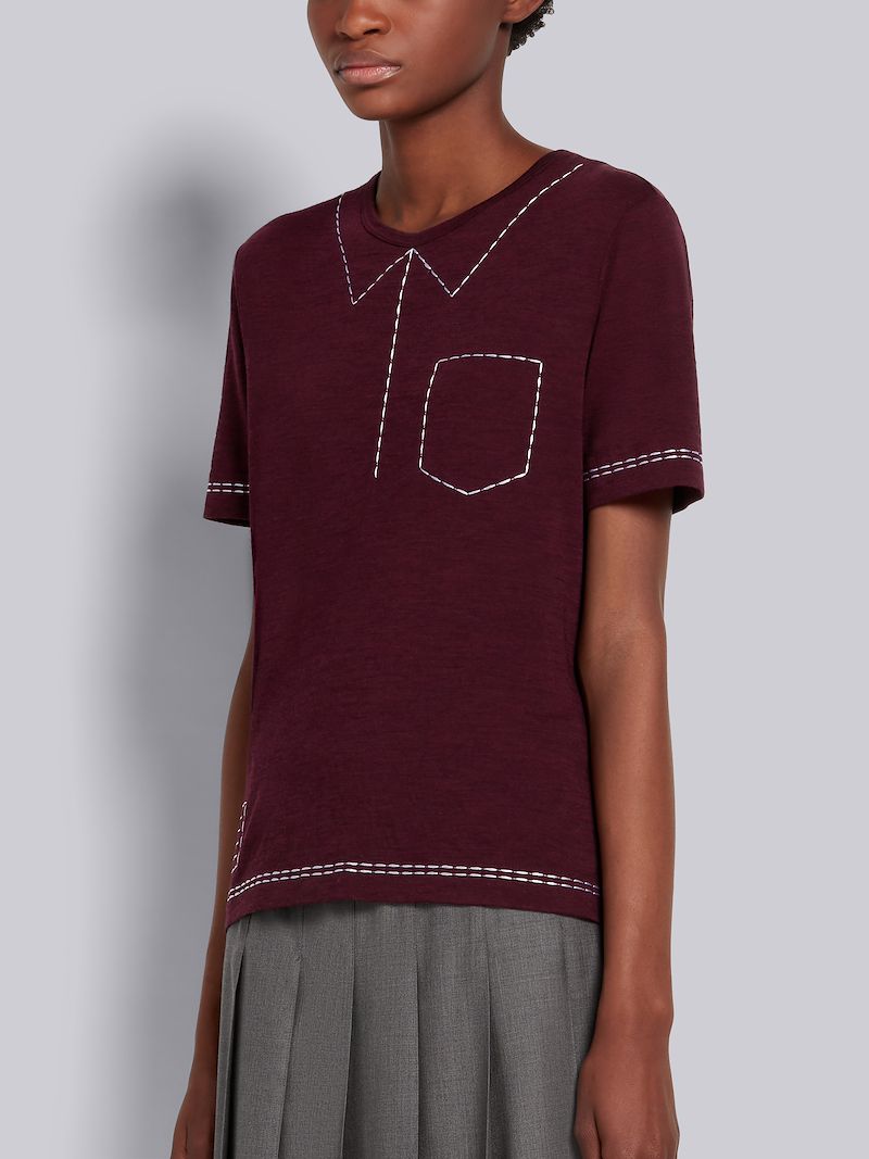 Dark Red Wool Jersey Trompe L'oeil Embroidery Stitching Short-sleeved Tee