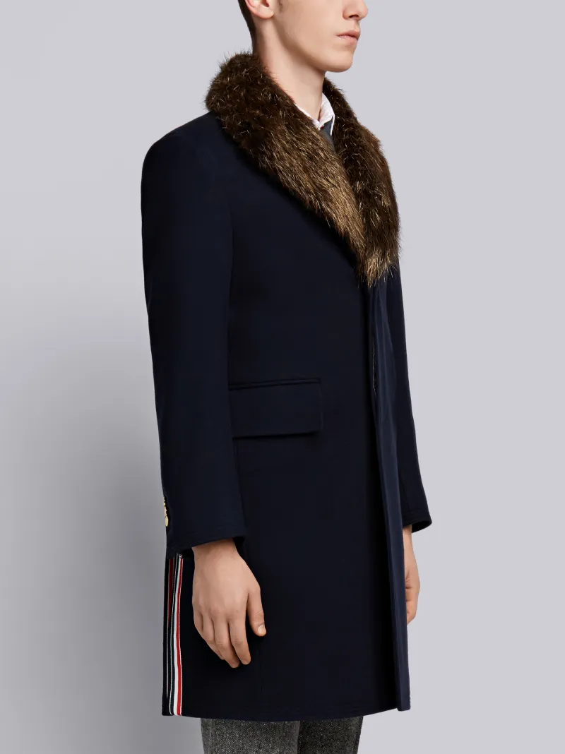 Detachable Gold Beaver Collar Melton Wool Chesterfield Overcoat