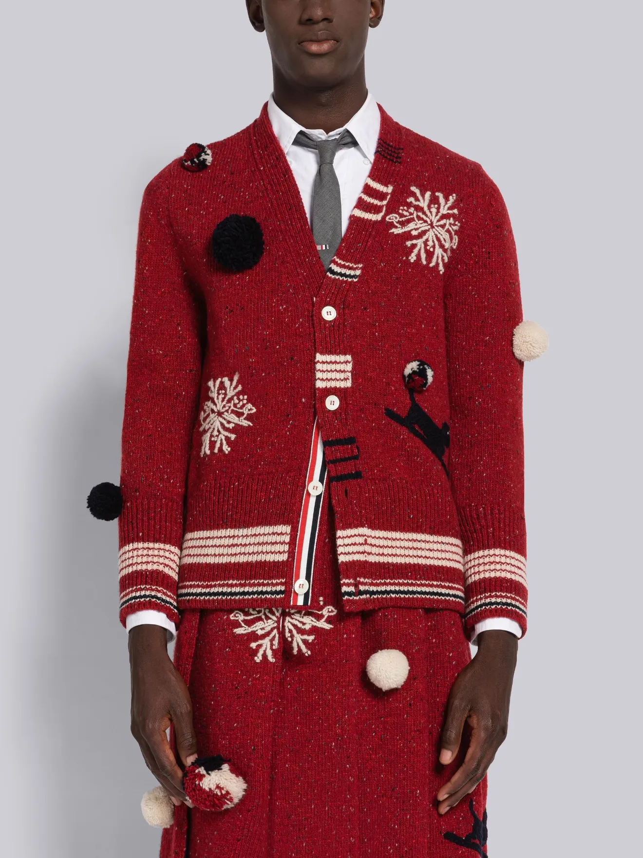 DONEGAL SKI EMBROIDERY POM POM V-NECK CARDIGAN | Thom Browne