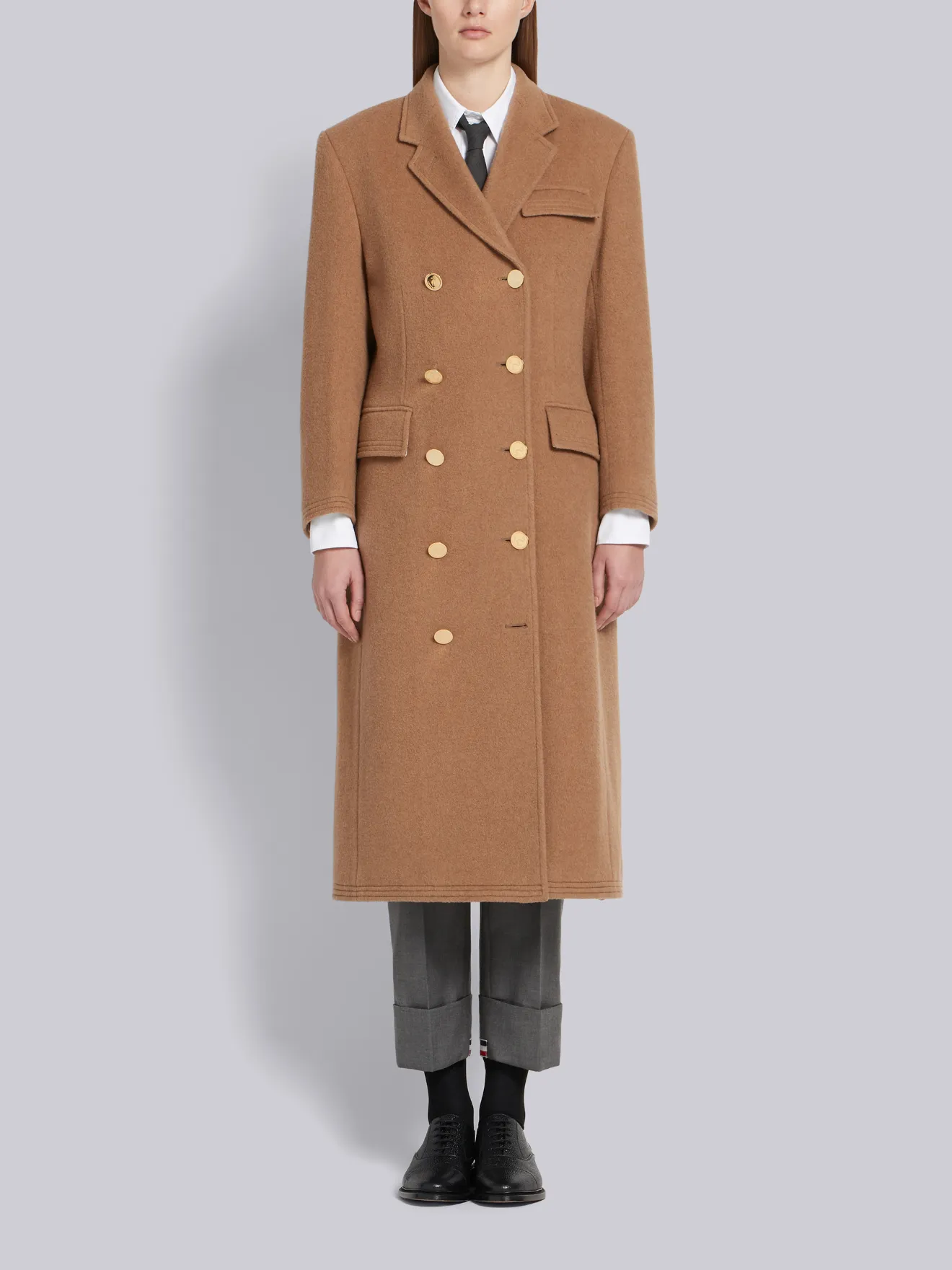 double breasted camel overcoat