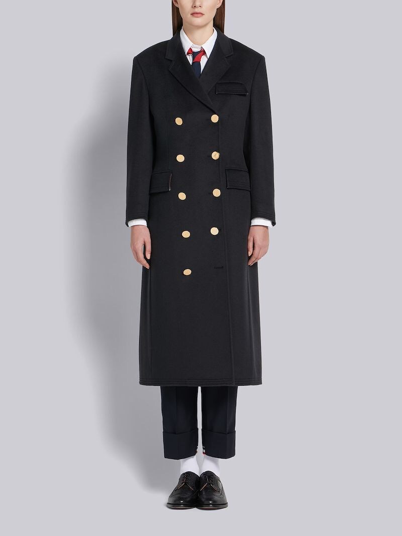 double-breasted mid-length overcoat