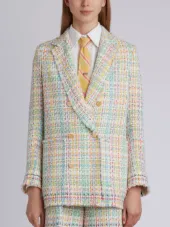 Double Breasted Sack Jacket With Fray & Selvedge In Madras Tulle Tweed With Red, White And Blue Selvedge