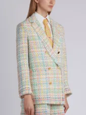 Double Breasted Sack Jacket With Fray & Selvedge In Madras Tulle Tweed With Red, White And Blue Selvedge