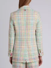 Double Breasted Sack Jacket With Fray & Selvedge In Madras Tulle Tweed With Red, White And Blue Selvedge