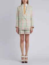 Double Breasted Sack Jacket With Fray & Selvedge In Madras Tulle Tweed With Red, White And Blue Selvedge