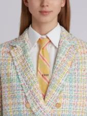 Double Breasted Sack Jacket With Fray & Selvedge In Madras Tulle Tweed With Red, White And Blue Selvedge
