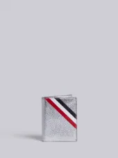 Double Card Holder With Red, White And Blue Diagonal Stripe In Silver Pebble Grain & Calf Leather