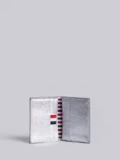Double Card Holder With Red, White And Blue Diagonal Stripe In Silver Pebble Grain & Calf Leather