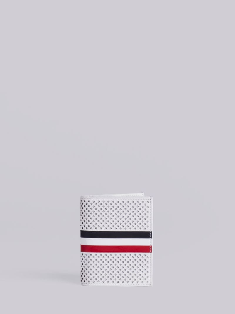 Double Card Holder With Red, White And Blue Vertical Stripe In Perforated Pebble Grain & Calf Leather