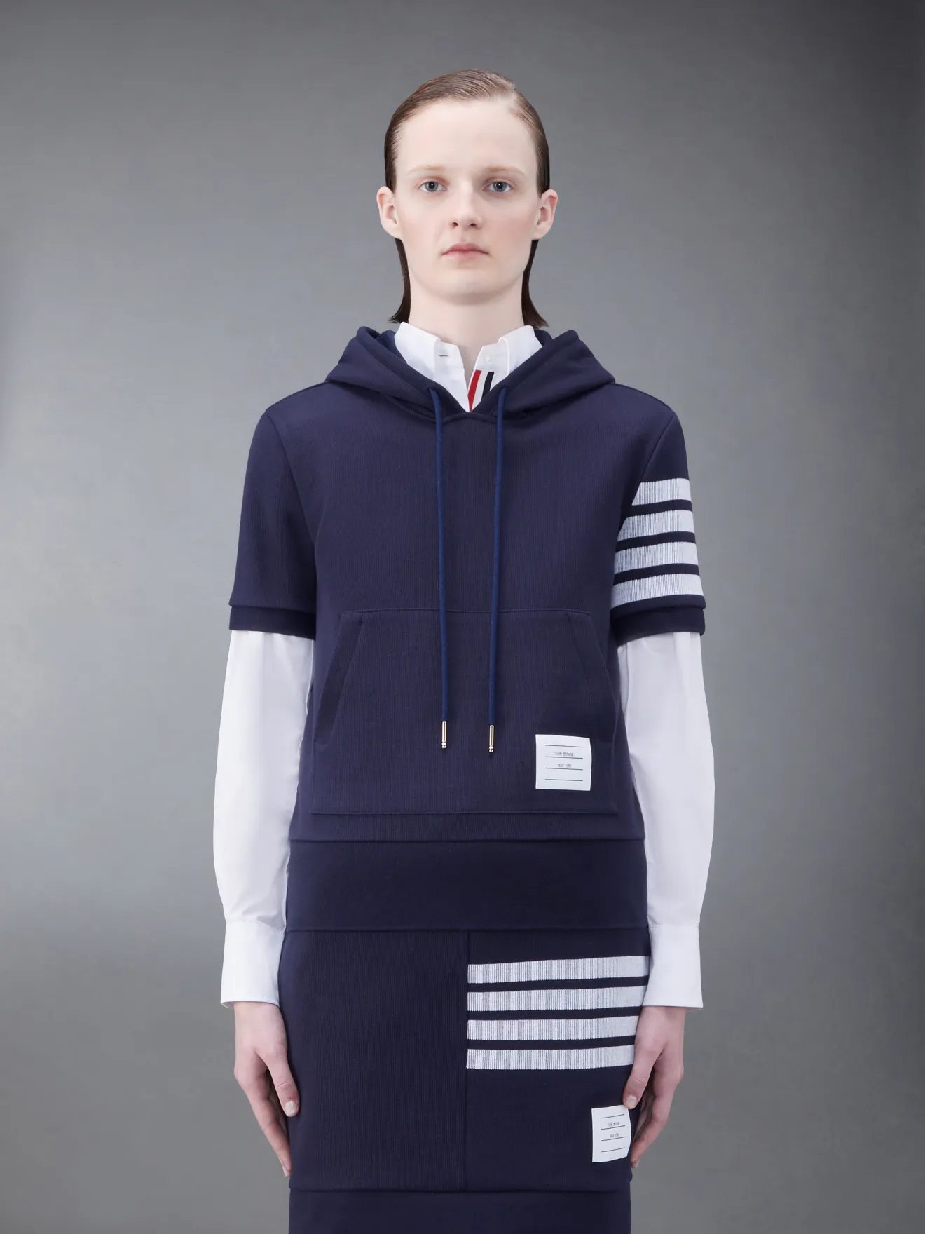 Double Face Knit 4-Bar Short Sleeve Hoodie | Thom Browne