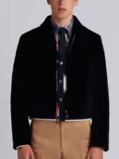 Double Welt Pocket Zip Up Jacket In Dyed Sheared Mink With Red, White And Blue Mink Intarsia Stripe
