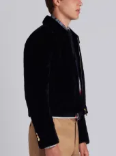 Double Welt Pocket Zip Up Jacket In Dyed Sheared Mink With Red, White And Blue Mink Intarsia Stripe