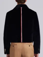 Double Welt Pocket Zip Up Jacket In Dyed Sheared Mink With Red, White And Blue Mink Intarsia Stripe