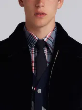 Double Welt Pocket Zip Up Jacket In Dyed Sheared Mink With Red, White And Blue Mink Intarsia Stripe