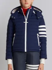 Downfill Ski Jacket With 4-Bar Stripe & Removable Hood In Navy Matte Nylon Poplin