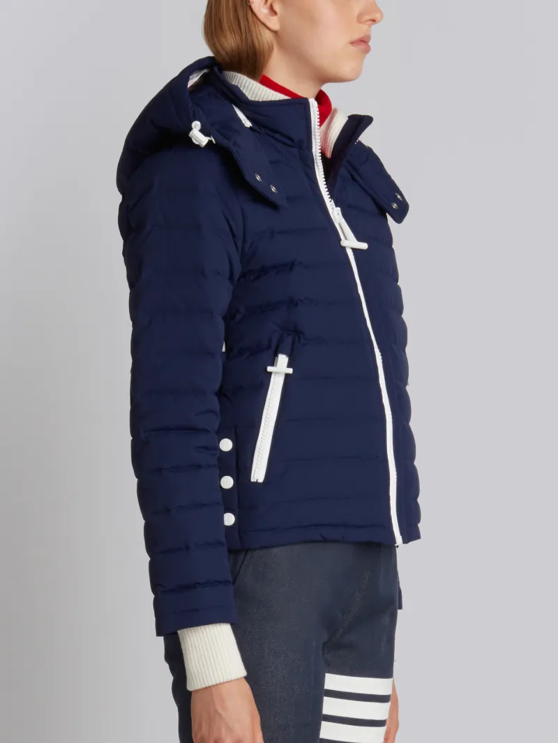 Downfill Ski Jacket With 4-Bar Stripe & Removable Hood In Navy Matte Nylon Poplin