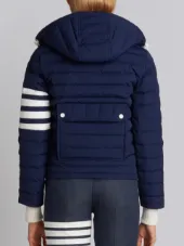 Downfill Ski Jacket With 4-Bar Stripe & Removable Hood In Navy Matte Nylon Poplin