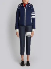 Downfill Ski Jacket With 4-Bar Stripe & Removable Hood In Navy Matte Nylon Poplin