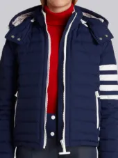 Downfill Ski Jacket With 4-Bar Stripe & Removable Hood In Navy Matte Nylon Poplin