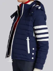 Downfill Ski Jacket With 4-Bar Stripe & Removable Hood In Navy Matte Nylon Poplin