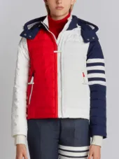 Downfill Ski Jacket With 4-Bar Stripe & Removable Hood In Red, White And Blue Matte Nylon Poplin