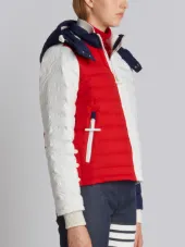Downfill Ski Jacket With 4-Bar Stripe & Removable Hood In Red, White And Blue Matte Nylon Poplin