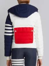 Downfill Ski Jacket With 4-Bar Stripe & Removable Hood In Red, White And Blue Matte Nylon Poplin