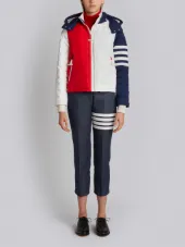 Downfill Ski Jacket With 4-Bar Stripe & Removable Hood In Red, White And Blue Matte Nylon Poplin