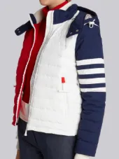Downfill Ski Jacket With 4-Bar Stripe & Removable Hood In Red, White And Blue Matte Nylon Poplin