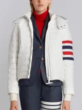 Downfill Ski Jacket With 4-Bar Stripe & Removable Hood In White Matte Nylon Poplin