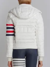 Downfill Ski Jacket With 4-Bar Stripe & Removable Hood In White Matte Nylon Poplin