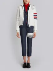 Downfill Ski Jacket With 4-Bar Stripe & Removable Hood In White Matte Nylon Poplin