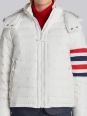 Downfill Ski Jacket With 4-Bar Stripe & Removable Hood In White Matte Nylon Poplin