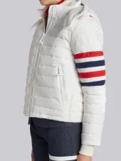 Downfill Ski Jacket With 4-Bar Stripe & Removable Hood In White Matte Nylon Poplin