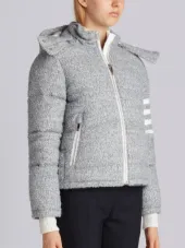 Downfill Ski Jacket With Removable Hood & Deerskin 4-bar Stripe In Grey Boucle Wool Tweed