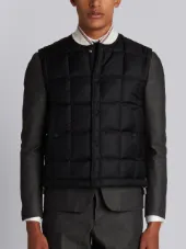 Downfilled Button Front Vest In Black Super 130's Wool Twill