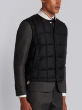 Downfilled Button Front Vest In Black Super 130's Wool Twill